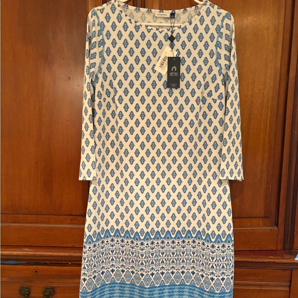 Cabana Life  NWT Medium Blue and White Geometric Long Sleeve Dress